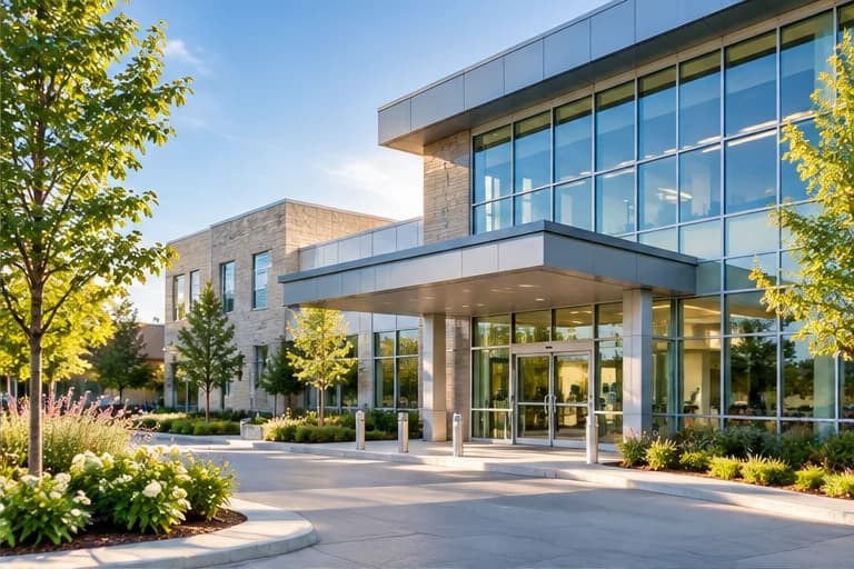 Illustrative modern healthcare organization building