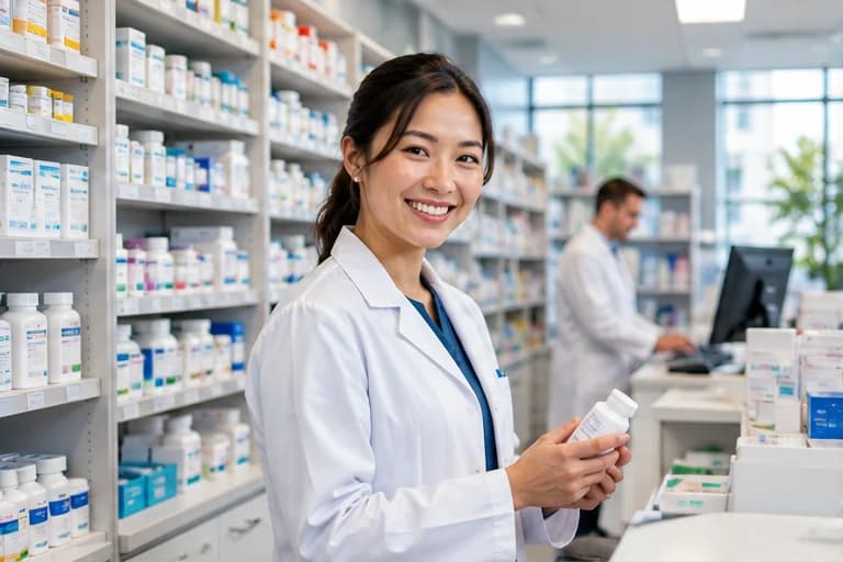 Illustrative pharmacist working in a modern pharmacy
